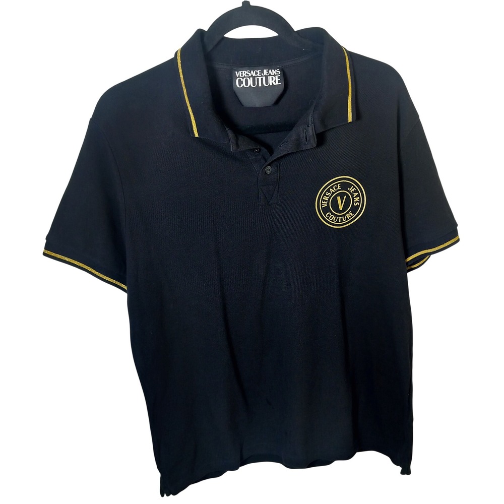 Versace Jeans Couture Mens XL Black Gold‎ Logo Pique Polo Shirt 73GAGT01 CJ01T